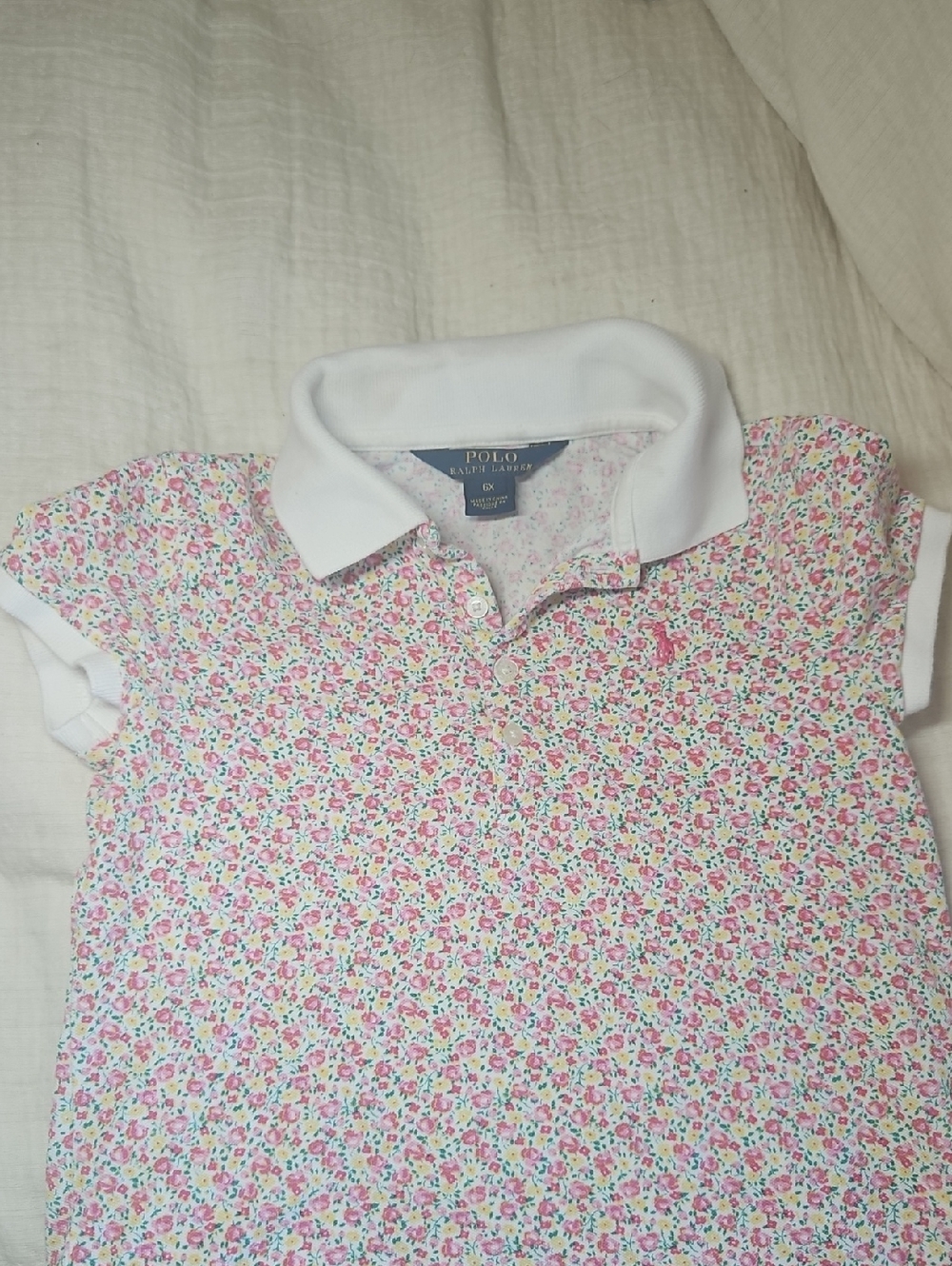Polo by Ralph Lauren Girls' White Collar Pink Floral Polo Sz 6x
